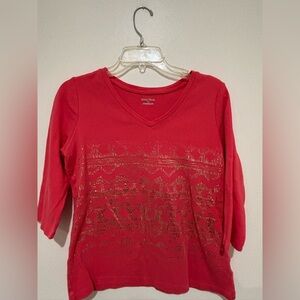 Studio Works Red Long Sleeve V-Neck Top